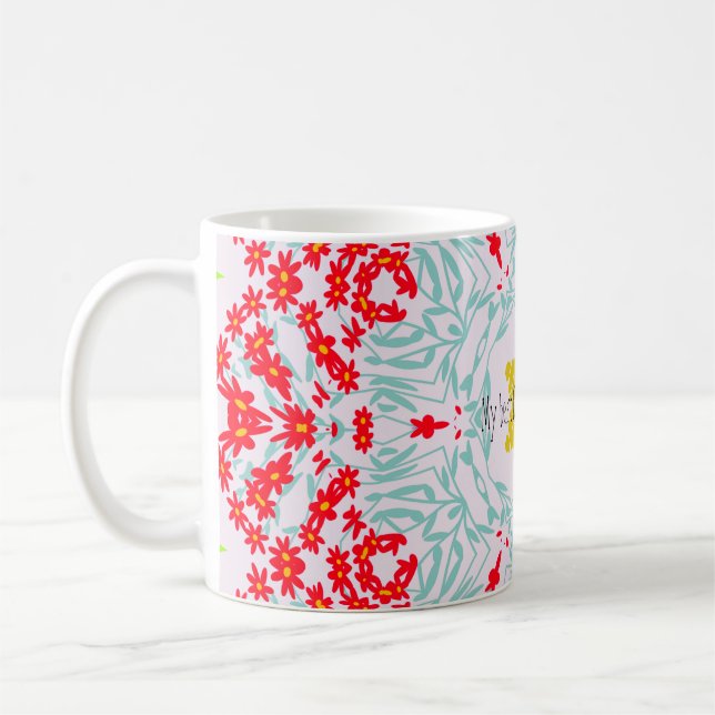 Ljus röd och blå blomstergeometrisk design kaffemugg (Vänster)