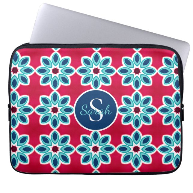 Ljus röd och blå modern geometrisk monogram laptop fodral (Framsidan)