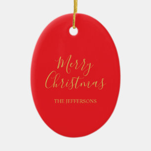 Ljus röd och gulda färger Glad jul Tvåsidig Julgransprydnad Keramik