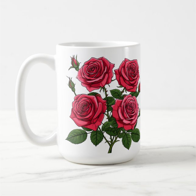 Ljus Röd Och Rosa Rosbukett Med Gröna Blad Kaffemugg (Vänster)