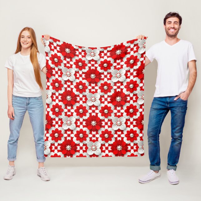 Ljus Röd Och Vit Blommig Mönster Med Pärlor Fleecefilt (På plats)