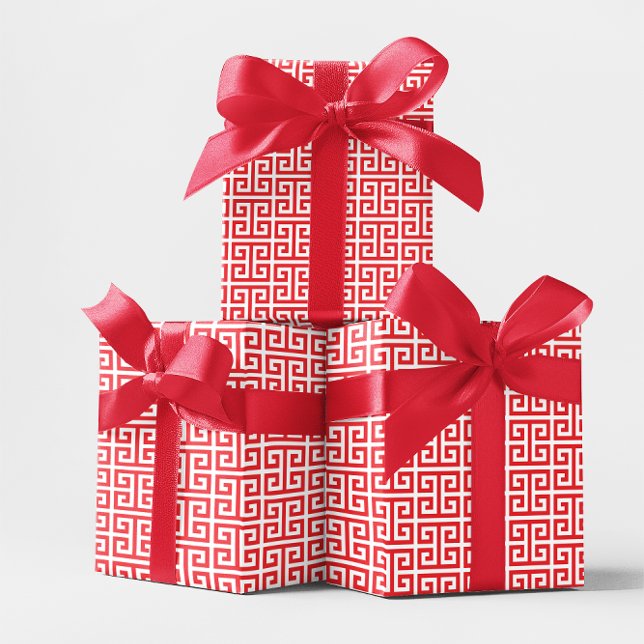 Ljus röd och vit grekisk nyckel-mönster presentpapper (Bright Red and White Greek Key Pattern Wrapping Paper)