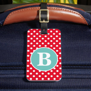 Ljus röd och vit prickig med teal monogram bagagebricka