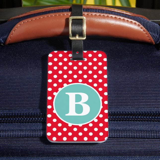 Ljus röd och vit prickig med teal monogram bagagebricka (Framsida Insitu 2)