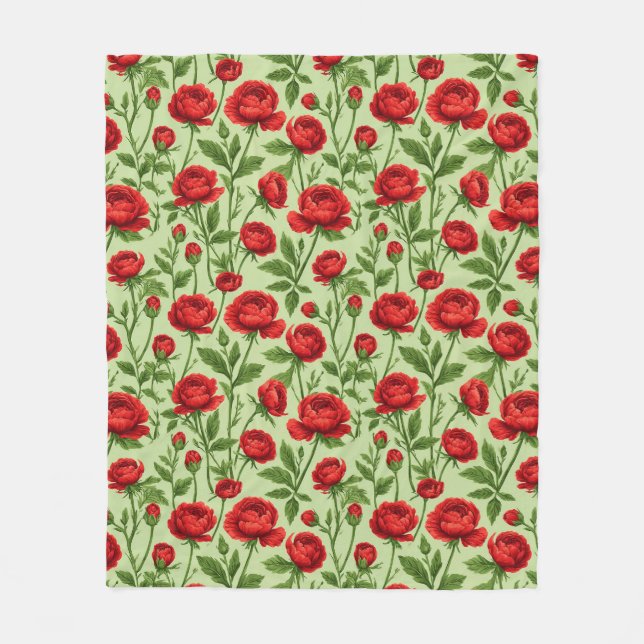 Ljus Röd Ranunculus Blommotiv Fleecefilt (Framsidan)