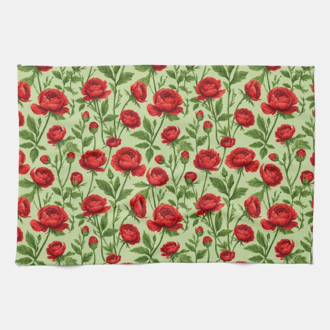 Ljus Röd Ranunculus Blommotiv Kökshandduk (Horisontell)