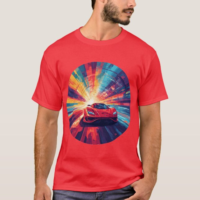 Ljus röd sportbil i en dynamisk spiraldesign t shirt (Framsida)