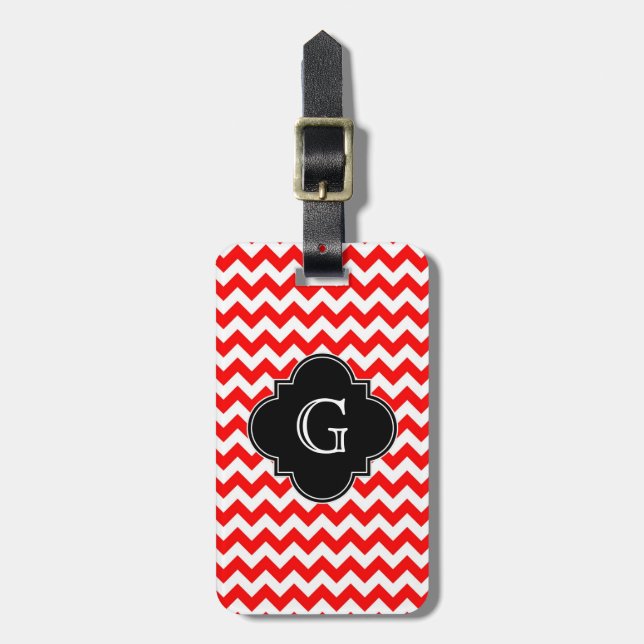 Ljus röd vit chevron svart quatrefoil monogram bagagebricka (Vertikal Framsida)