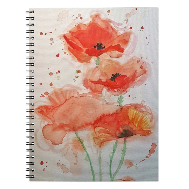 Ljus Röda Vallmo Watercolour Blomma Blommig Anteckningsbok (Framsidan)