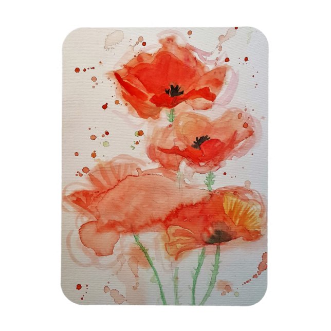 Ljus Röda Vallmo Watercolour Blomma Blommig Magnet (Vertikal)