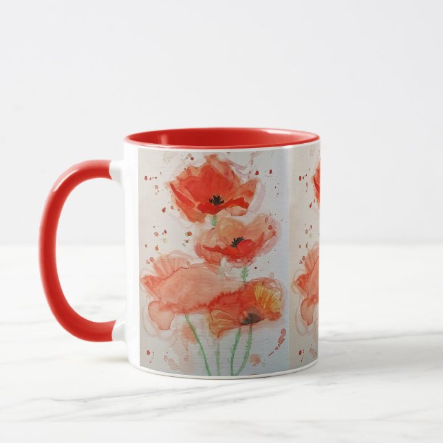 Ljus Röda Vallmor Akvarell Blomma Blommig Mugg (Vänster)