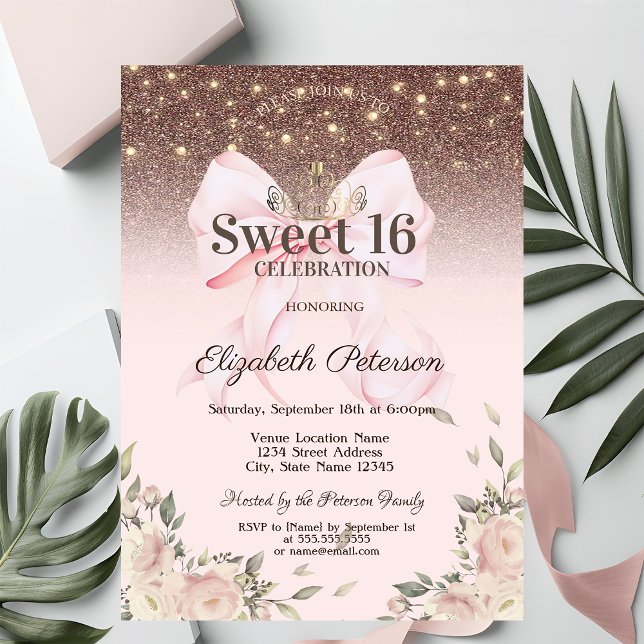 Ljus, rosa båge blommor glitter Sweet 16 Inbjudningar (Skapare uppladdad)