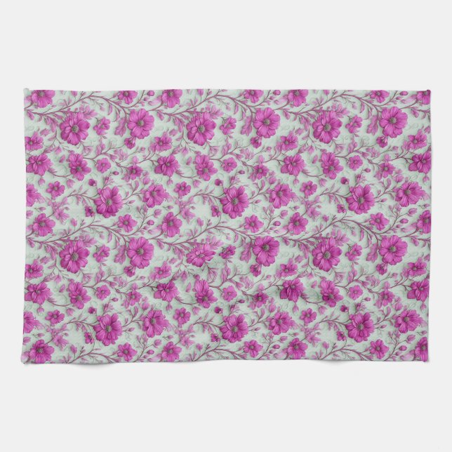 Ljus rosa blommönster med magenta blommor kökshandduk (Horisontell)
