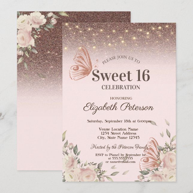 Ljus, Rosa Blommor Glittrande Fjärilar Sweet 16 Inbjudningar (Fram/baksida)