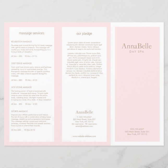Ljus rosa bokningsdag: Spa Salon TriFold Brochure (Framsida)
