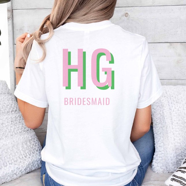 Ljus rosa Bröllopsfest + Grönt Monogram T Shirt (Light Pink + Green Monogram Wedding Party Tshirt)