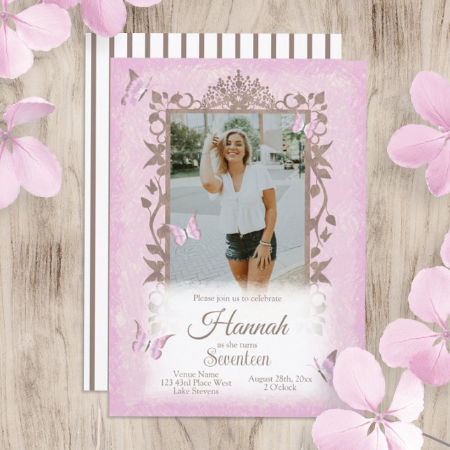 Ljus rosa Brown Butterflies Födelsedagsfest Inbjudningar (light pink, brown butterfly birthday party invitation for girl, teen, young woman with brown stripes)