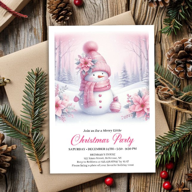 Ljus rosa Coquette Snöman Digital Jul  Inbjudningar (Bright Pink Coquette Snowman Digital Christmas Invite Kids)