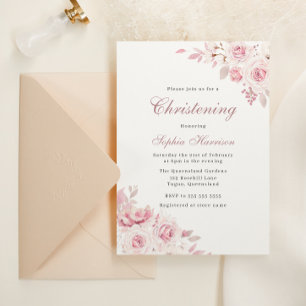 Ljus Rosa Eleganta Blommor Babyflicka Dop Inbjudningar