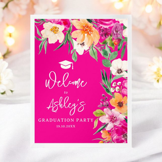 Ljus rosa examenshälsning med vilda blommor poster (Bright wild flowers pink graduation welcome poster)