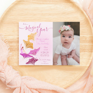 Ljus rosa fairy First Photo Birthday Inbjudningar