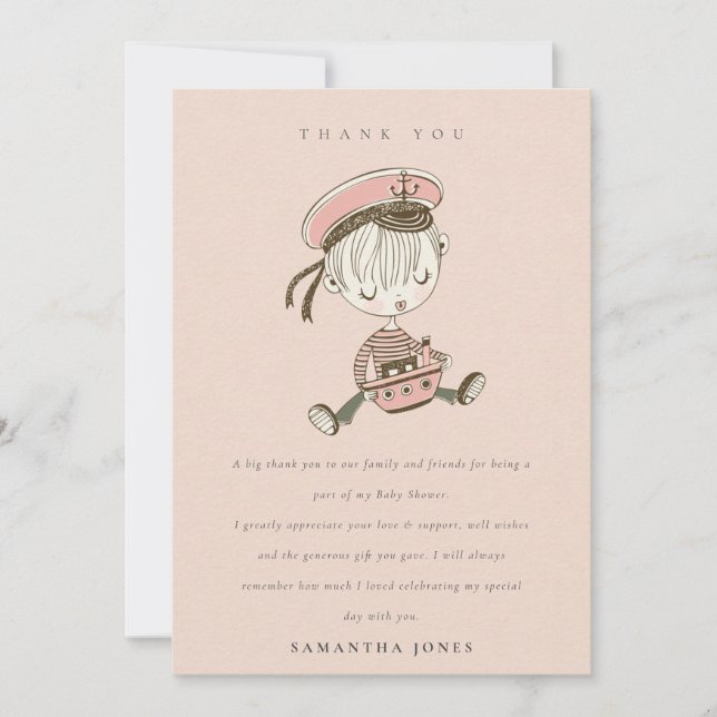 Ljus rosa flicka liten sjöman nautisk baby shower tack kort (Framsida)