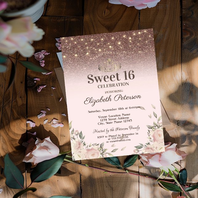 Ljus, Rosa Flowers Glitter Sweet 16 Inbjudningar (Skapare uppladdad)