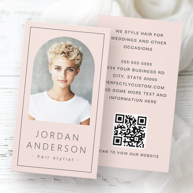 Ljus rosa för modern ljusbåge, tunn gräns QR-kod Visitkort (Modern arch photo thin border QR code light pink Business Card)