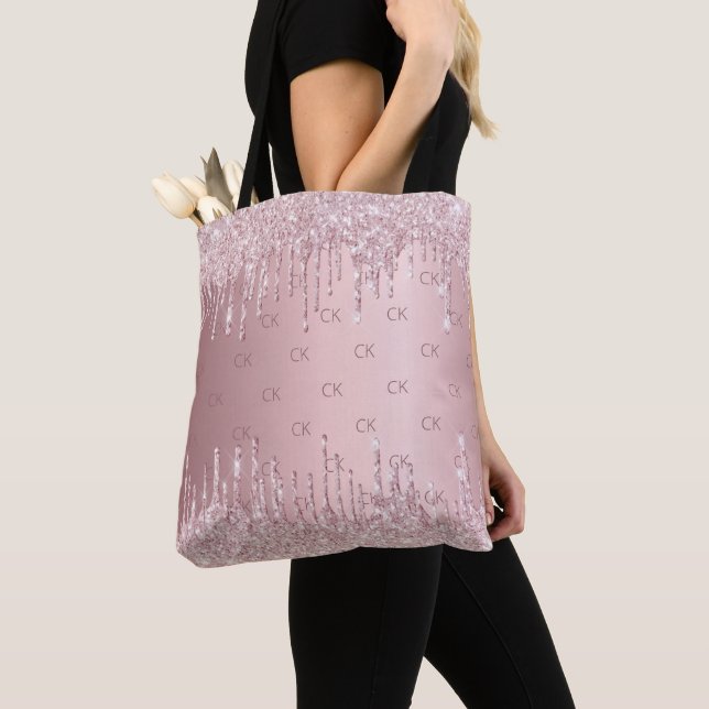 Ljus rosa glitterdropp monogram elegant tygkasse (Närbild)