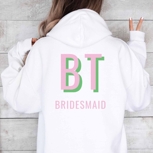 Ljus rosa + Grönt Monogram Bröllopsfest Hoodie (Light Pink + Green Monogram Hoodie)