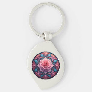 Ljus rosa i blom underbart omgiven av utsmyckande swirl silverfärgad nyckelring