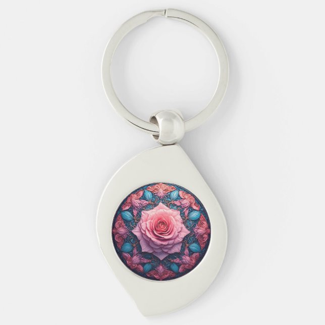 Ljus rosa i blom underbart omgiven av utsmyckande  swirl silverfärgad nyckelring (Framsidan)