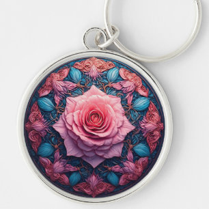 Ljus rosa i blomning omgiven av utsmyckade detalje rund silverfärgad nyckelring