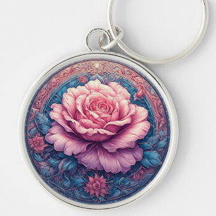 Ljus rosa i blomning omgiven av utsmyckade detalje rund silverfärgad nyckelring