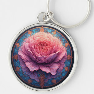 Ljus rosa i blomning omgiven av utsmyckade detalje rund silverfärgad nyckelring