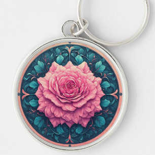 Ljus rosa i blomning omgiven av utsmyckade detalje rund silverfärgad nyckelring