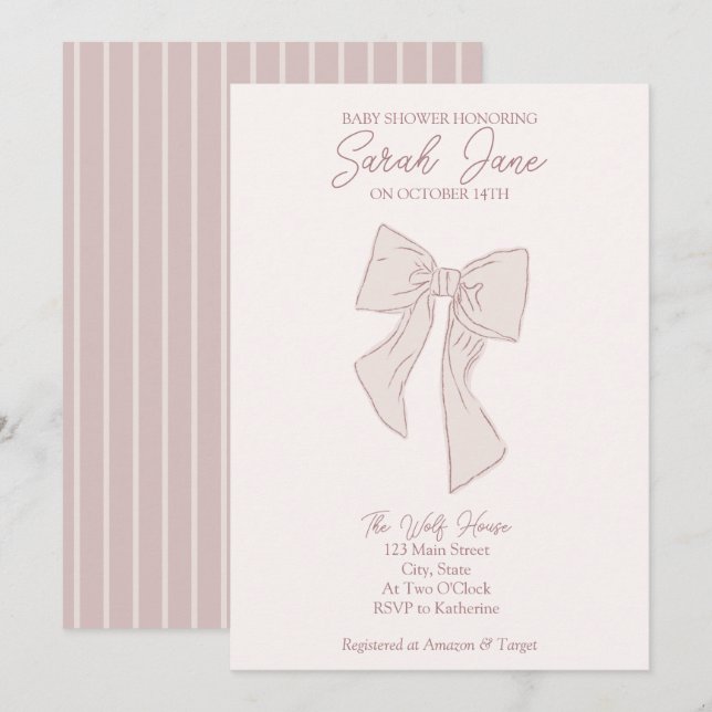 ljus rosa inbjudan till babydusch för teckning (Fram/baksida)