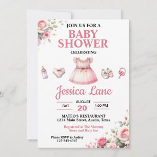 Ljus rosa inbjudan till Tutu Girl Baby Shower