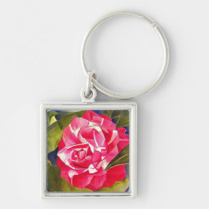 Ljus rosa Kamelia vattenfärg konst blomma Fyrkantig Silverfärgad Nyckelring