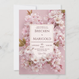 Ljus Rosa Körsbärsblomning Guld Ram Bröllop Inbjudningar