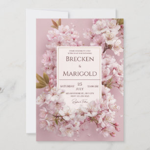 Ljus Rosa Körsbärsblomning Guld Ram Bröllop Inbjudningar