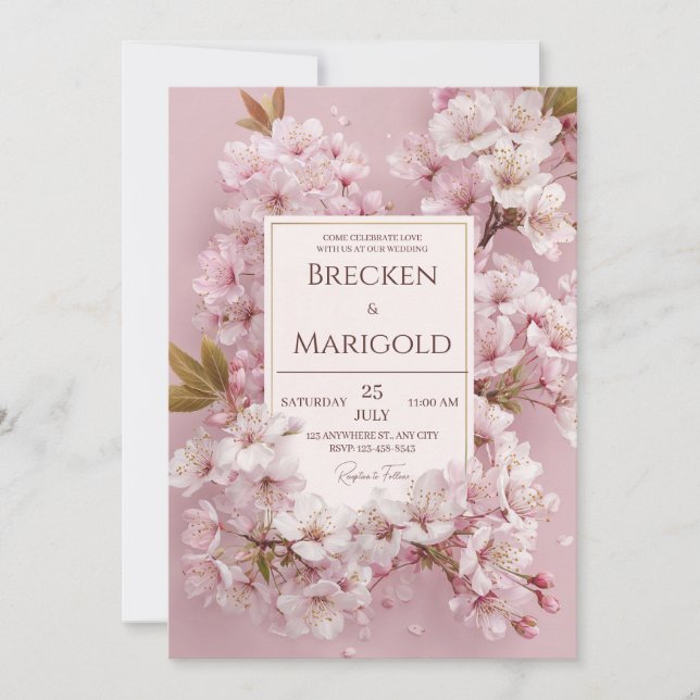 Ljus Rosa Körsbärsblomning Guld Ram Bröllop Inbjudningar (Framsida)