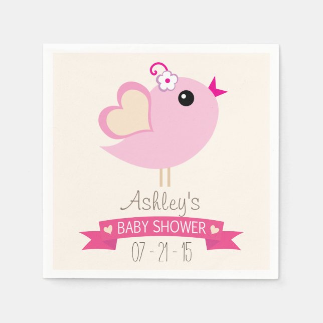 Ljus rosa Love Bird Baby Shower Pappersservett (Framsidan)