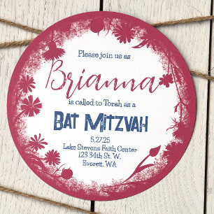 Ljus rosa, marinblå Bat Mitzvah-inbjudan Inbjudningar