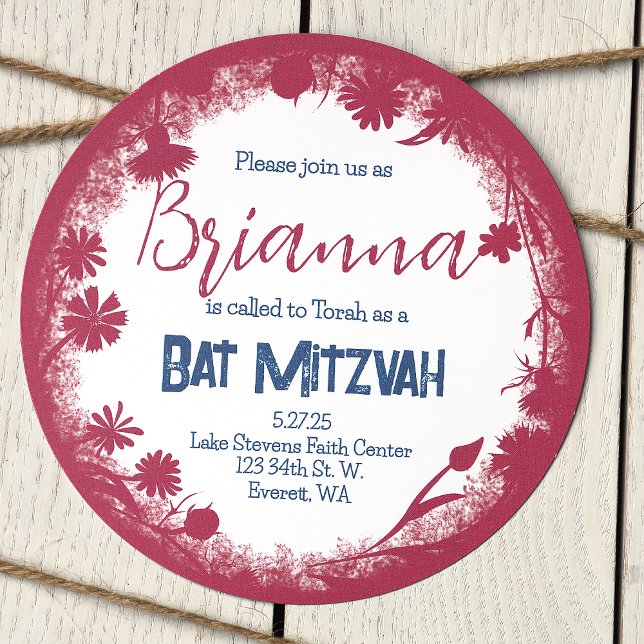 Ljus rosa, marinblå Bat Mitzvah-inbjudan Inbjudningar (Unique Vintage pink and navy blue, wild flower botanical bat mitzvah invitations)