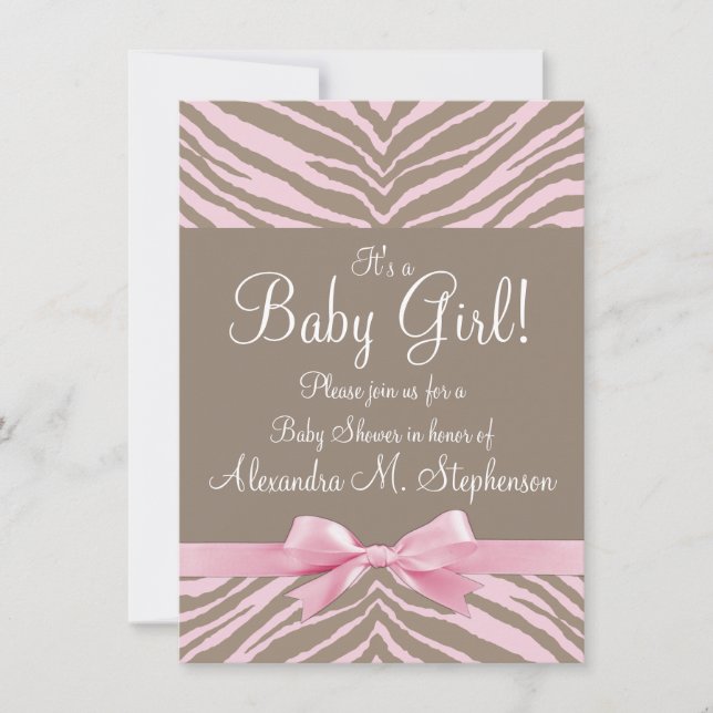 Ljus rosa och brun Zebra Bow Baby Shower Inbjudningar (Framsida)