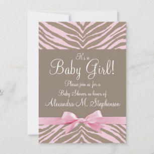 Ljus rosa och brun Zebra Bow Baby Shower Inbjudningar