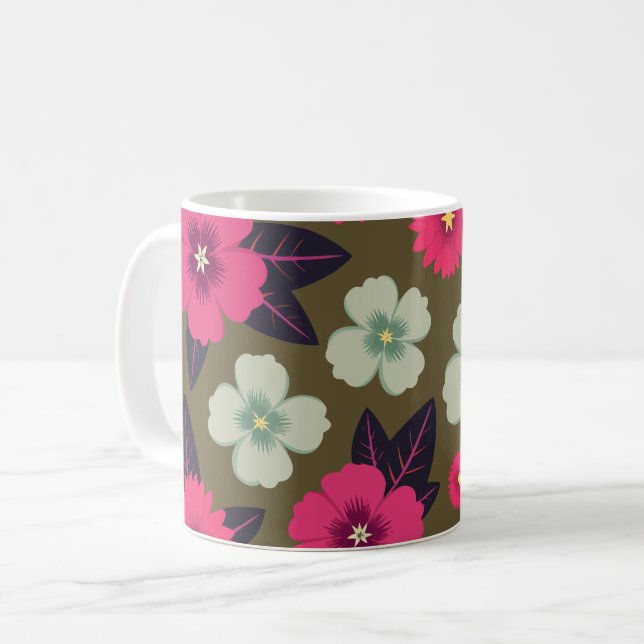 Ljus rosa och grön blomster på olivgrön bakgrund kaffemugg (Framsida vänster)