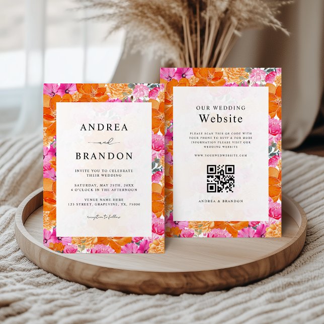 Ljus rosa och orange akvarellblommig bröllopsfest inbjudningar (Skapare uppladdad)