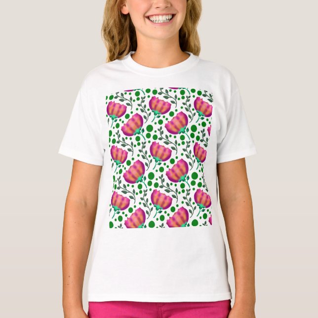 Ljus rosa orange blomster mönster t shirt (Framsida)